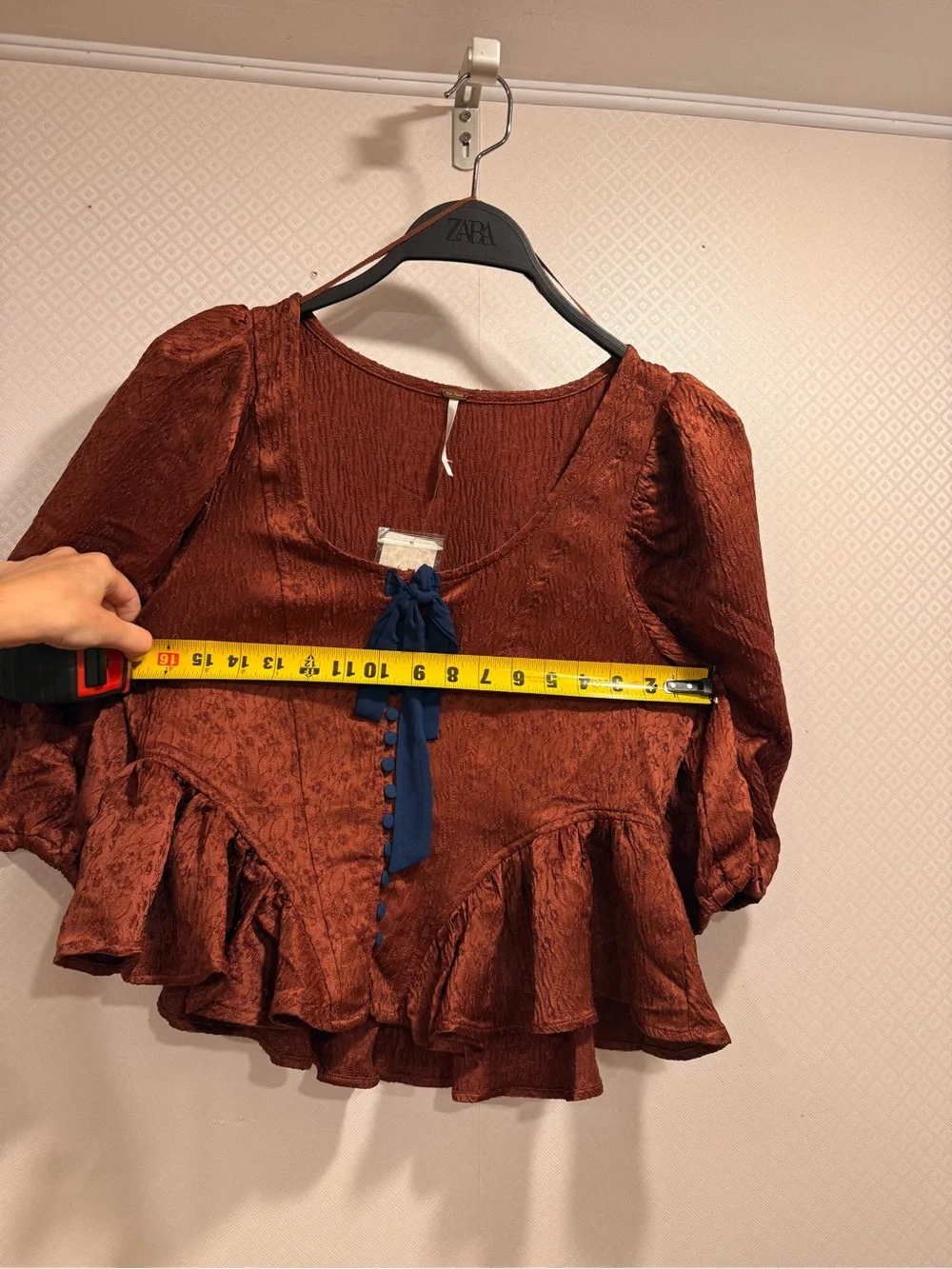 NWT Free People Pamela Bow Top Womens Rust Red Blouse with Navy Ribbon Size XS